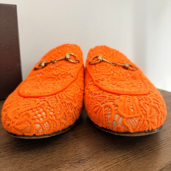 GUCCI Princetown Orange Lace Horsebit Mules EU 38.5 US 8.5 COA Luxury Slip On - Picture 7 of 11